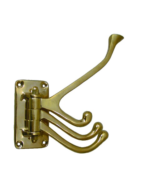 Folding coat hook, brass, 4 hooks, 140mm out