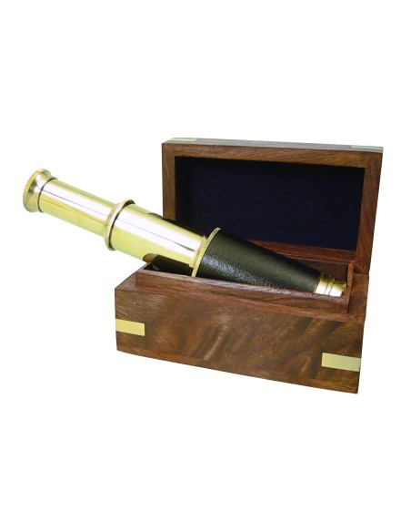 Telescopio en caja de madera, 180mm, mango de cuero, 10x