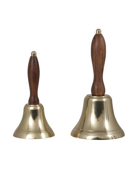 Hand bell, brass with oiled Acacia wood handle, ø8cm, height 15cm, made in India — 2