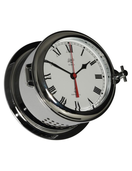 Clock with battery driven ship's bell, Fyrkat, ø140mm, chromium plated brass, roman numerals