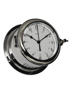 Clock with battery driven ship's bell, Fyrkat, ø140mm, chromium plated brass, arabic numerals