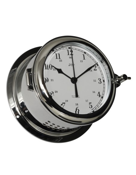Clock with battery driven ship's bell, Fyrkat, ø140mm, chromium plated brass, arabic numerals