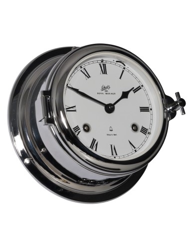 Clock, Midi ø155mm, 11 jewels mechanical ship's bell clockwork, chromium plated brass, roman numerals