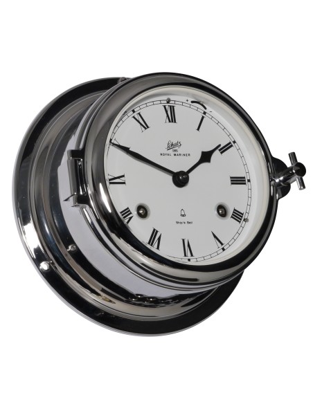 Clock, Midi ø155mm, 11 jewels mechanical ship's bell clockwork, chromium plated brass, roman numerals