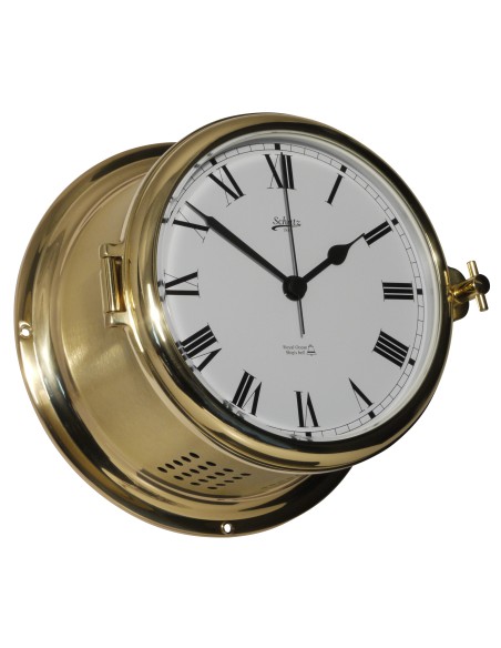 Clock with battery driven ship's bell, Royal, ø180, polished/brushed brass, roman numerals