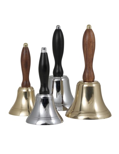 Hand bell ø100x195mm, brass, oiled Acacia wood handle, design Peter Seidelin Jessen, made in India — 2