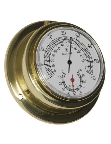 Thermo-/hygrometer, 97mm, brass, Altitude, frontwards access