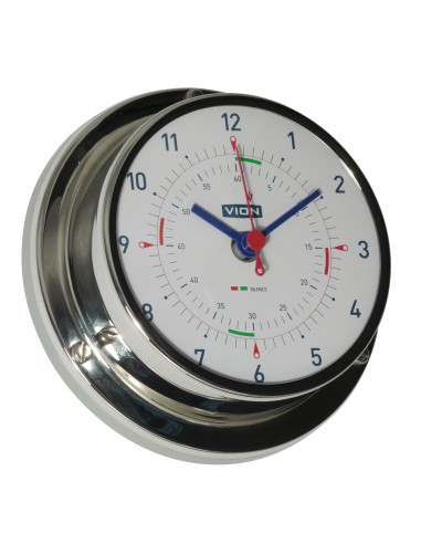 Reloj con periodos de silencio radio, acero inoxidable pulido, ø97mm, con soporte de pared, VION