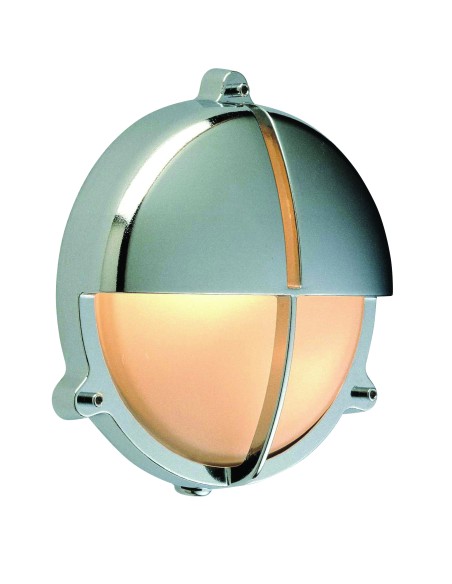 Bulkhead lamp, chromium plated brass, round with half shade, matt glass, ø200x105mm